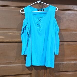 Susan Graver Bright Turquoise Cold-Shoulder Lace-Up Tunic